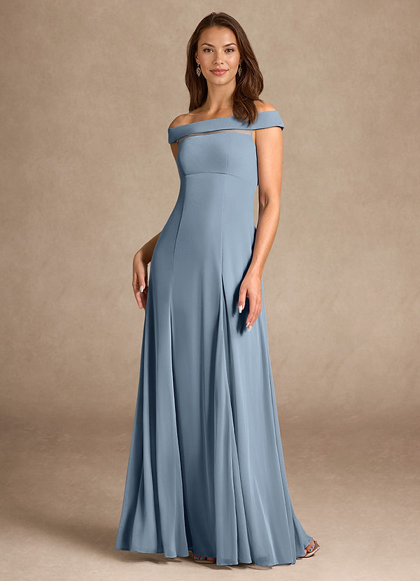 Azazie Ewa Abiti da Mamma Sposa Abito A-Line in Maglia a Spalla Scoperta Blu Polveroso image1