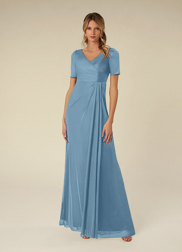 Azazie Bessie Mother of the Brides Dresses Steel Blue A-Line Pleated Mesh Dress image1