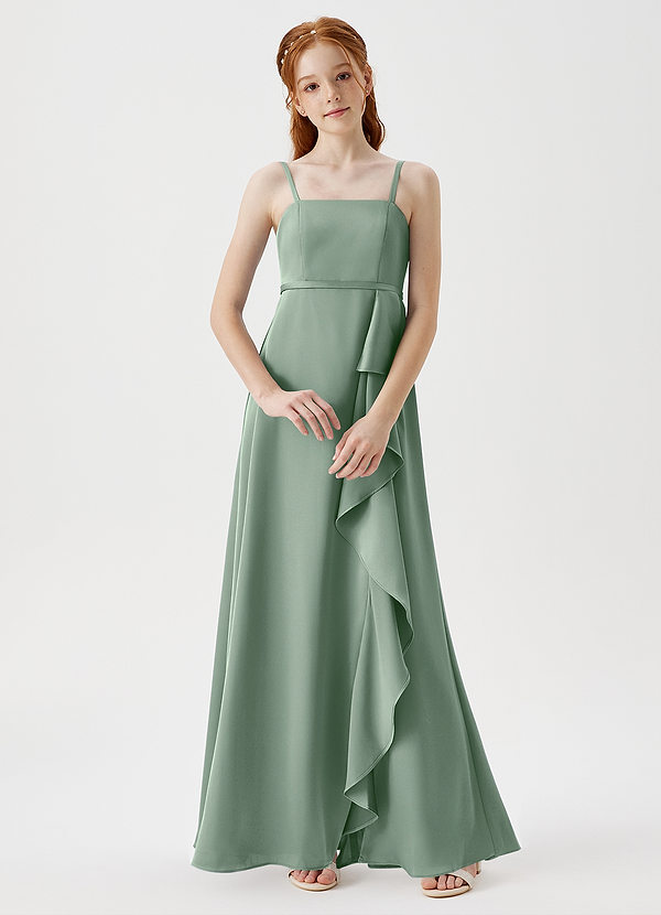 Azazie Kaylee Junior Matcha A-Line with Belt Stretch Satin Dress image1