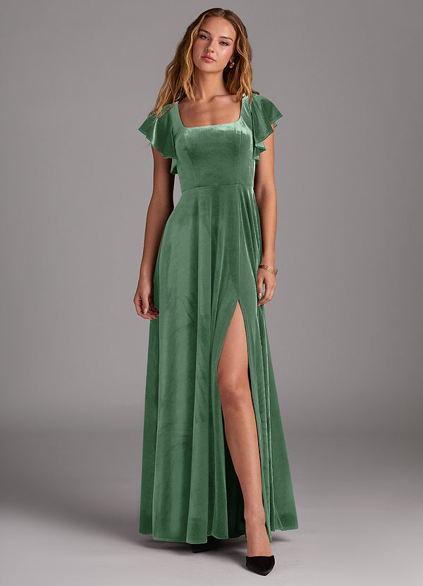 Azazie Bondi Bridesmaid Dresses Eucalyptus A-Line Side Slit Velvet Dress image1