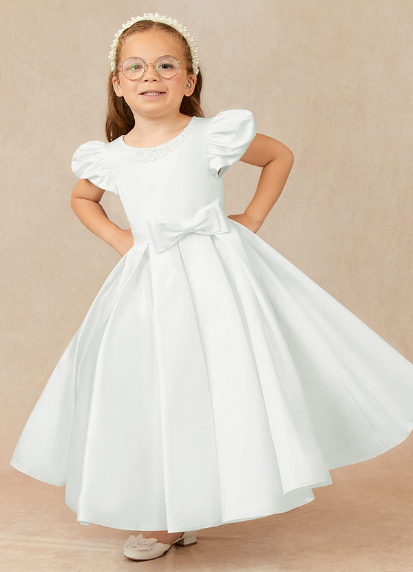 Azazie Jewel Flower Girl Dresses Ivory Ball-Gown Pleated Matte Satin Dress image1