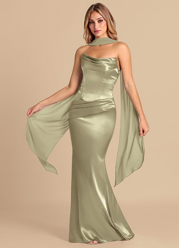 Azazie Sorrel 신부 들러리 드레스 인어 코르셋 메탈릭 새틴 바닥 길이 드레스 image1