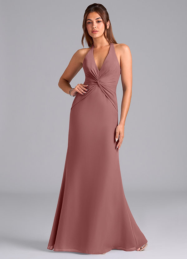 Azazie Valerie Vestidos Dama de Honor Vestido de Rosa Del Desierto de Gasa de Corte Sirena con Plisado image1