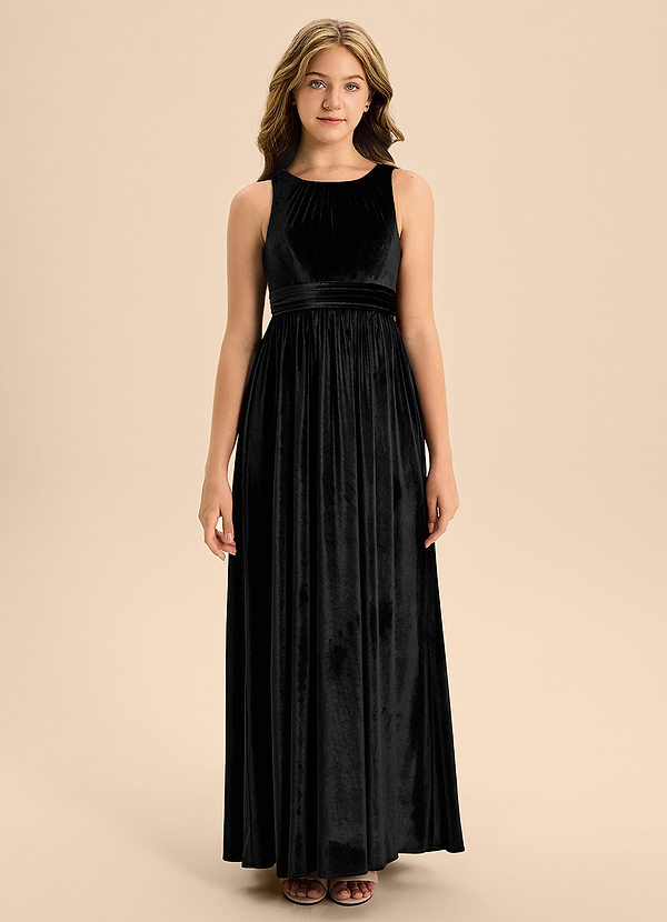 Azazie Jaylah Junior Black A-Line Pleated Velvet Dress image1