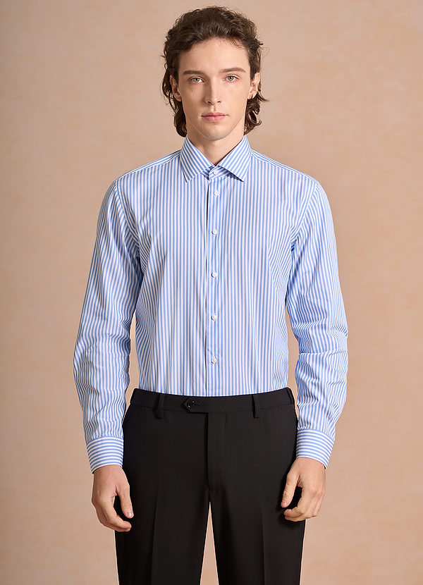front Aiden White Pale Blue 100% Cotton Non-Iron Striped Dress Shirt