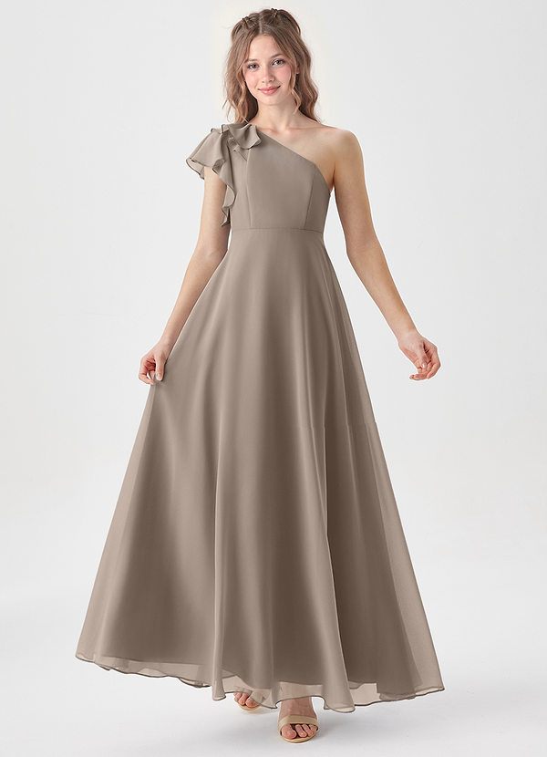 Azazie Arabella Junior Robe Trapèze en Mousseline de soie Rayé Taupe image1