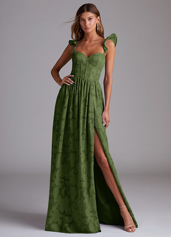 Azazie Denisse Bridesmaid Dresses Olive A-Line Ruched Floral Burnout Dress image1