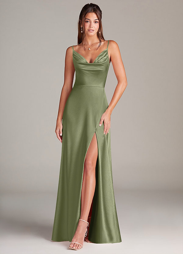 Azazie Sarella Bridesmaid Dresses Garden Sage A-Line Pleated Stretch Satin Dress image1