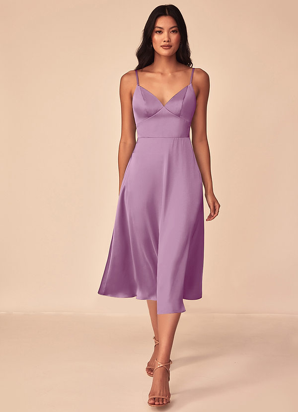 Azazie Dottie Robes Demoiselle d'honneur Robe Trapèze en Satin extensible Glycine image1