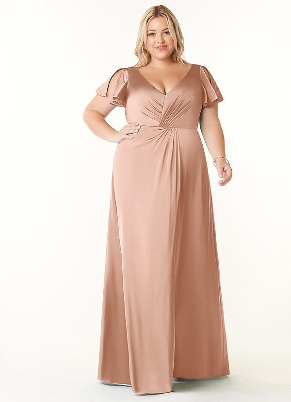 Azazie Soren Bridesmaid Dresses Rose Gold A-Line Pleated Stretch Satin Dress image1