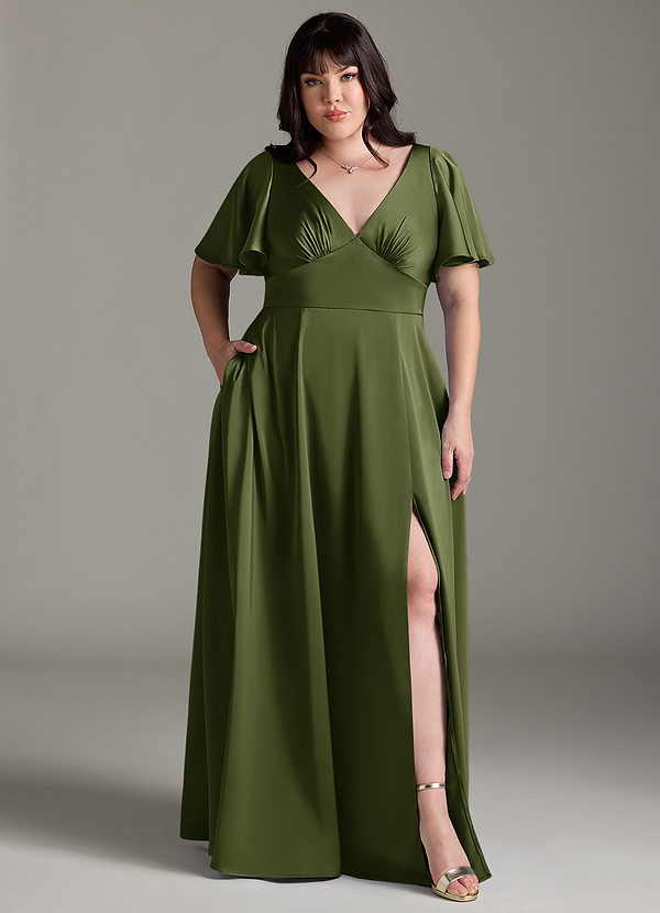 Azazie Kimber Bridesmaid Dresses Olive A-Line Ruched Stretch Satin Dress image1
