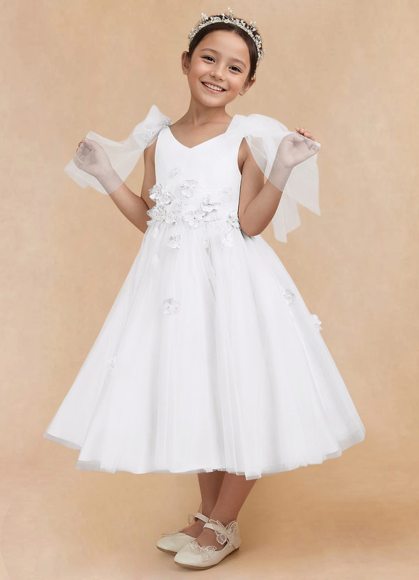 Azazie Minia Flower Girl Dresses White A-Line Bow Matte Satin Dress image1