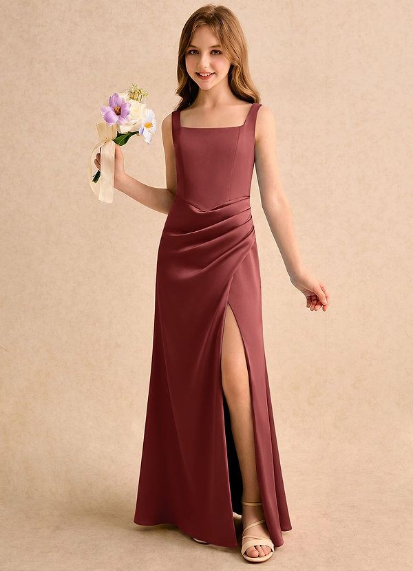 Azazie Noah Girls Formal Bloemenmeisjesjurken Kolom Jurk van Stretch Satijn Geplooide Terracotta image1