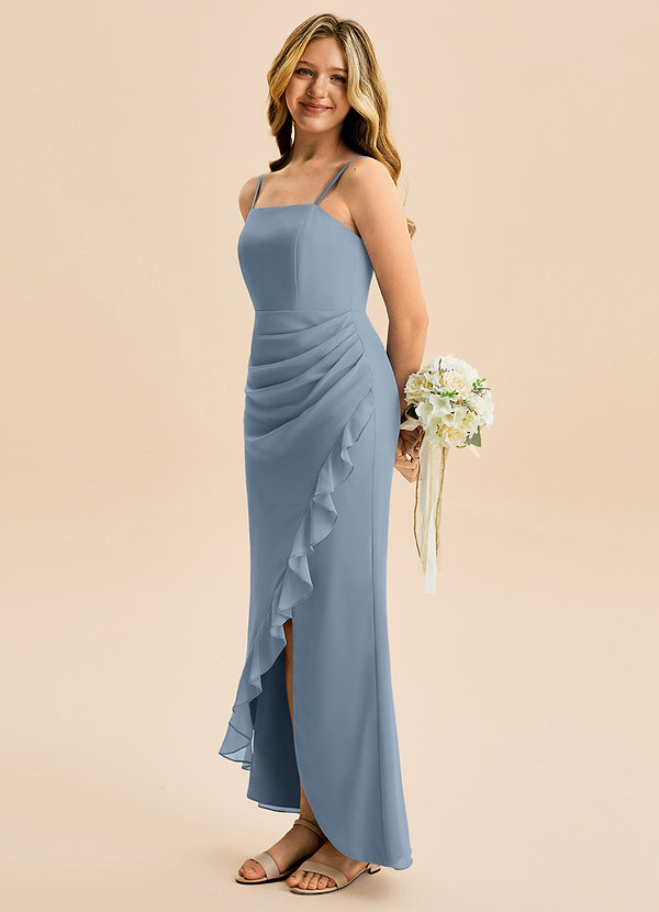 Azazie Buzzy Junior Dusty Blue Sheath Pleated Chiffon Dress image1