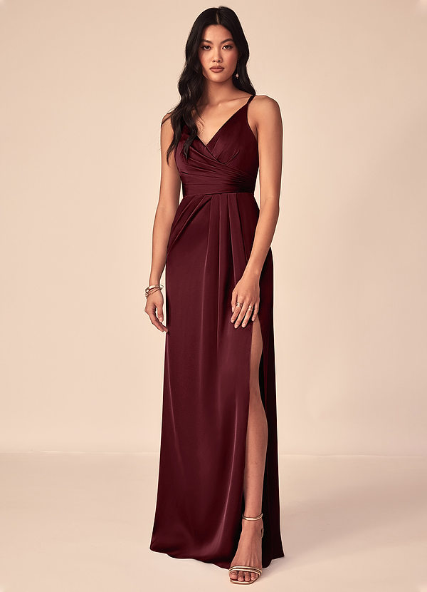 Azazie Aqua Brautjungfernkleider A-Linie V-Hals Gefaltet Stretch-Satin Kleider Cabernetrot image1