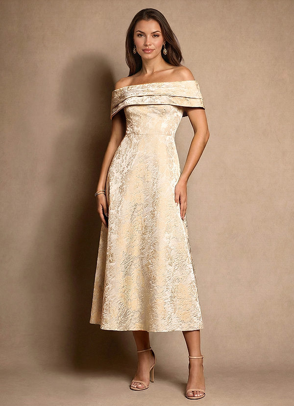 Azazie Brighton Mother of the Brides Dresses Vintage Champagne A-Line Pleated Jacquard Dress image1