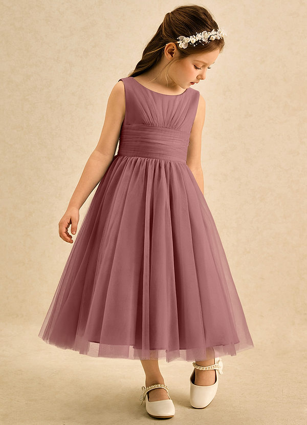 Azazie Macaron Robes de Fillette d'Honneur Robe Trapèze en Tulle Plissée Rose Du Désert image1