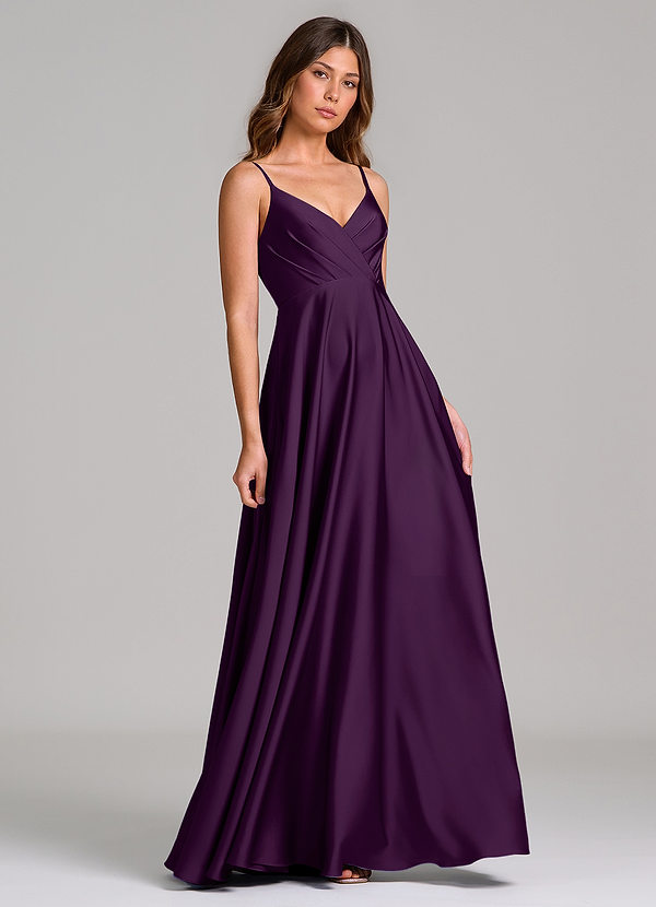 Azazie Amani Bridesmaid Dresses Grape A-Line Pleated Stretch Satin Dress image1