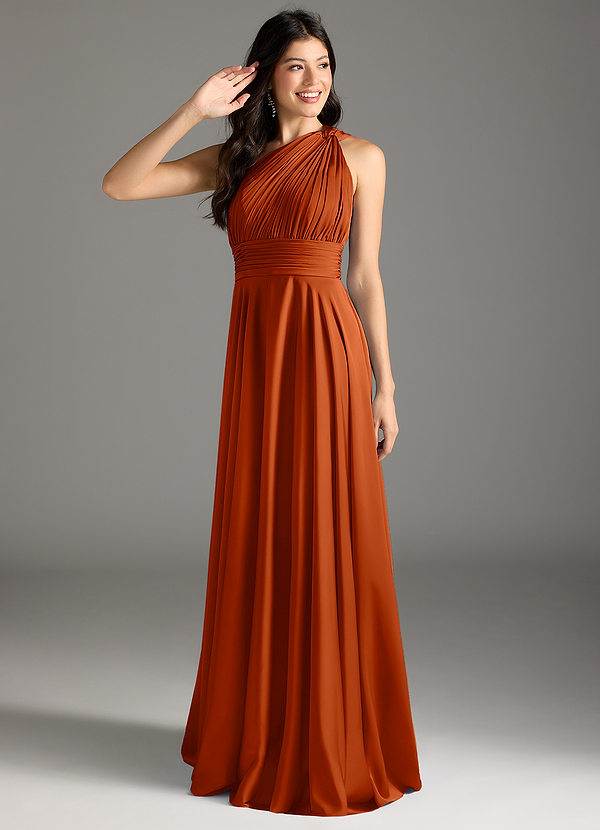 Azazie Charlize Bridesmaid Dresses Burnt Orange A-Line One Shoulder Stretch Satin Dress image1