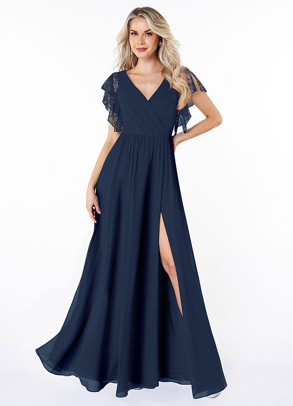 Azazie Zella Bridesmaid Dresses Dark Navy A-Line Lace Chiffon Dress image1