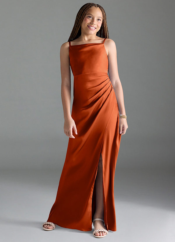Azazie Leonis Junior Paprika A-Line Pleated Stretch Satin Dress image1