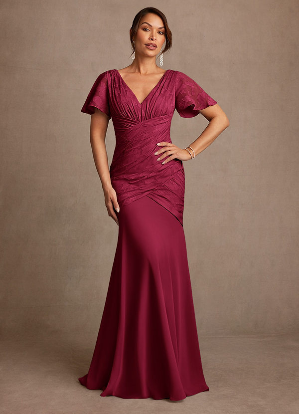 Azazie Jolene Mother of the Brides Dresses Burgundy Mermaid Pleated Floral Burnout Dress image1