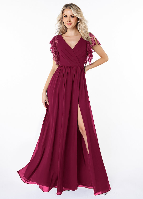 Azazie Zella Bridesmaid Dresses Burgundy A-Line Lace Chiffon Dress image1