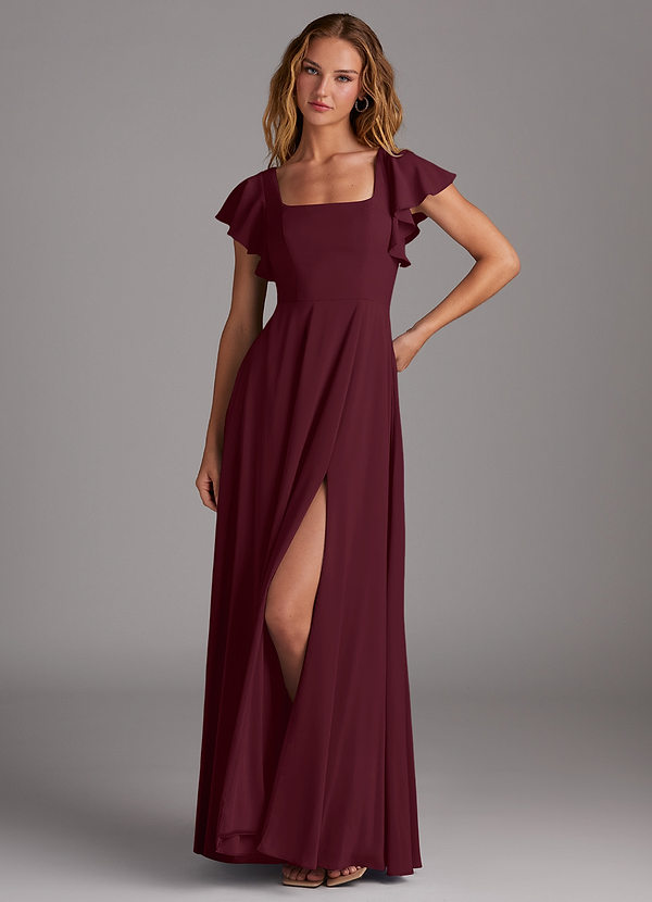 Azazie Bondi Bridesmaid Dresses Cabernet A-Line Side Slit Stretch Chiffon Dress image1
