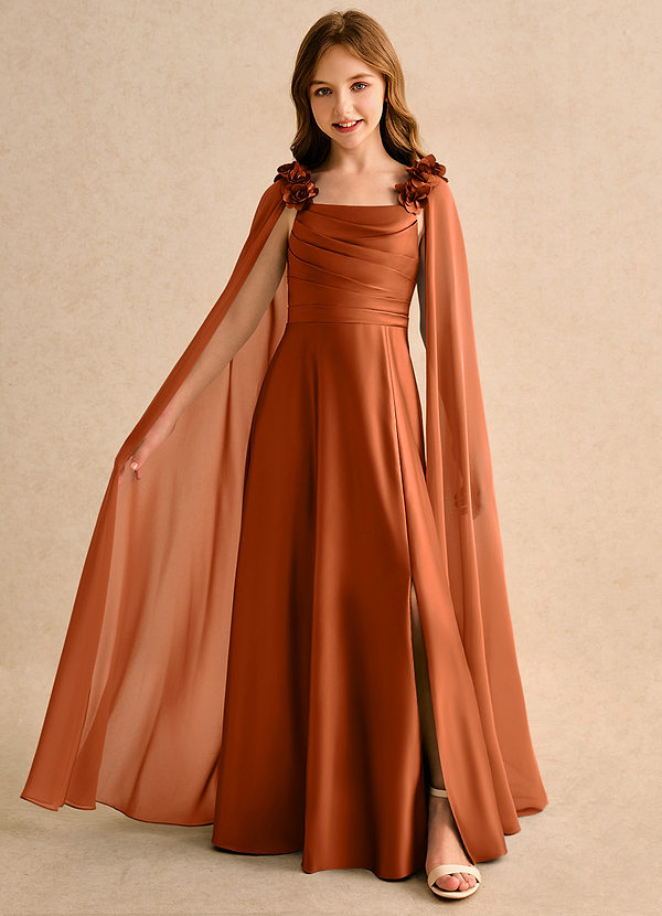 Azazie Rosita Girls Formal Flower Girl Dresses Burnt Orange A-Line Pleated Matte Satin Dress image1