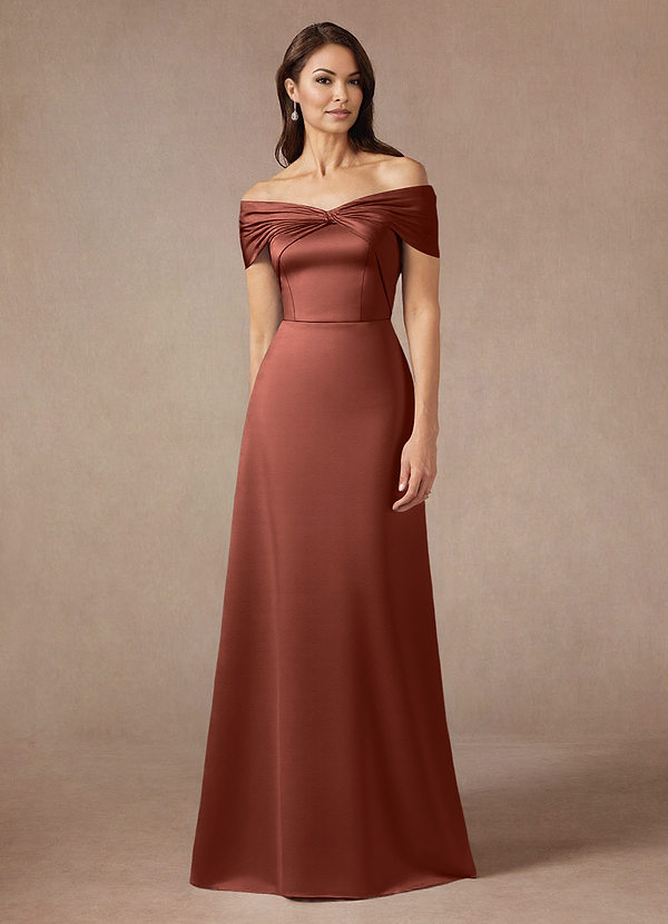 Azazie Amelia Vestidos de Madre de la Novia Vestido de Castaño de Satén Elástico de Corte En A con Vestidos sin tirantes image1