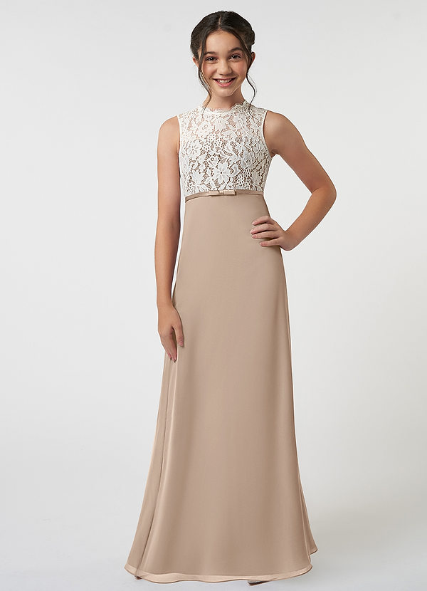 Azazie Rana Junior Taupe A-Line Lace Chiffon Dress image1