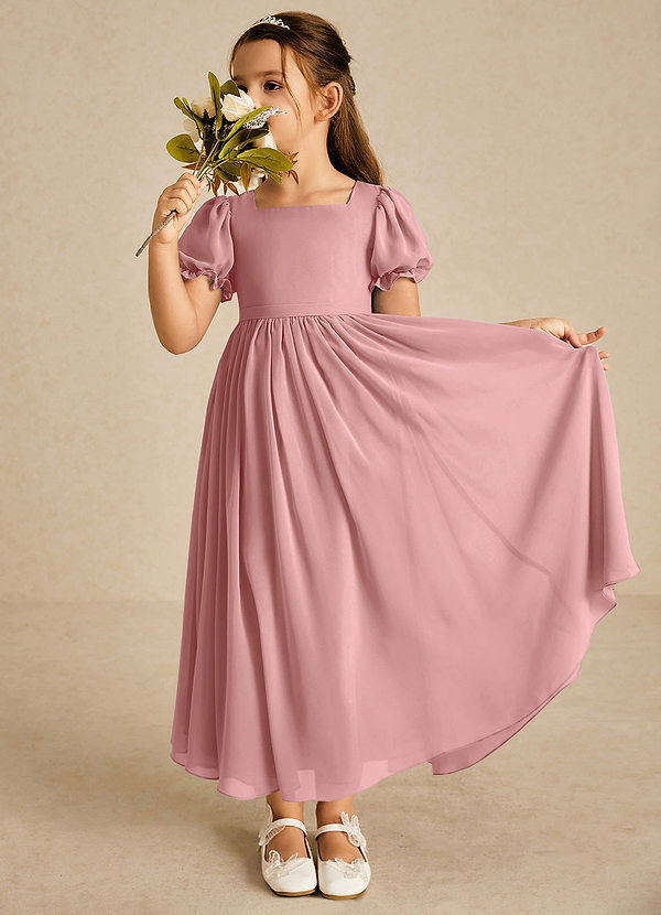 Azazie Joss Vestidos de arras Vestido Rosa Polvorienta de Gasa de Corte en A con con mangas image1