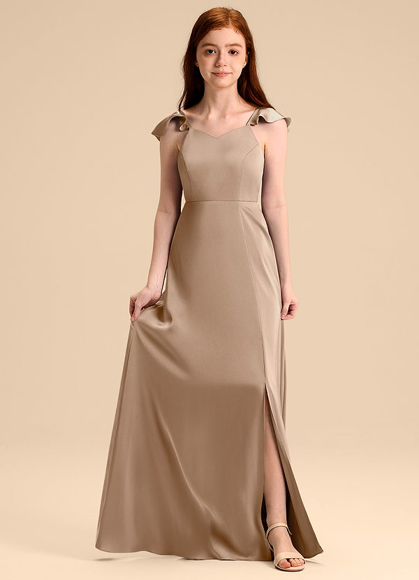 Azazie Everett Junior Vestido de Gris Pardo de Satén Elástico de Corte en A con Lazo image1