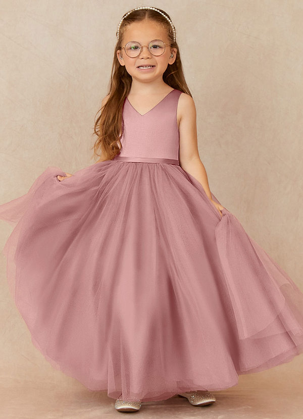 Azazie Marybell Blumenkinder Kleider A-Linie Schleifen Tüll Kleid Altrosa image1