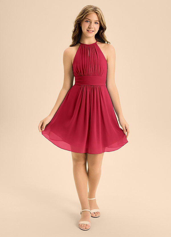 Azazie Bonnie Junior Scarlet A-Line Pleated Chiffon Dress image1
