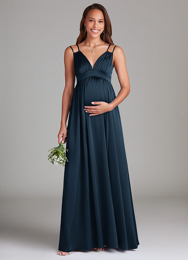 Azazie Emree Robes de demoiselle d'honneur maternité Robe Trapèze Avec poches Longueur ras du sol Satin extensible image1