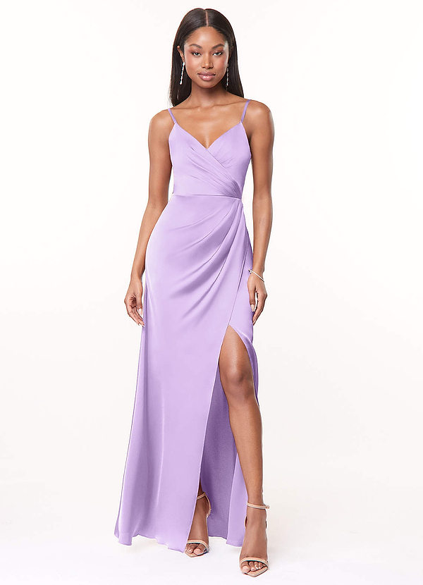 Azazie Maci Brautjungfernkleider A-Linie V-Hals Gefaltet Stretch-Satin Kleid Flieder image1