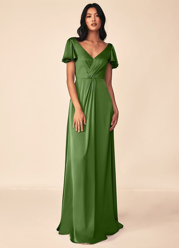 Azazie Soren Bridesmaid Dresses Basil A-Line Pleated Stretch Satin Dress image1
