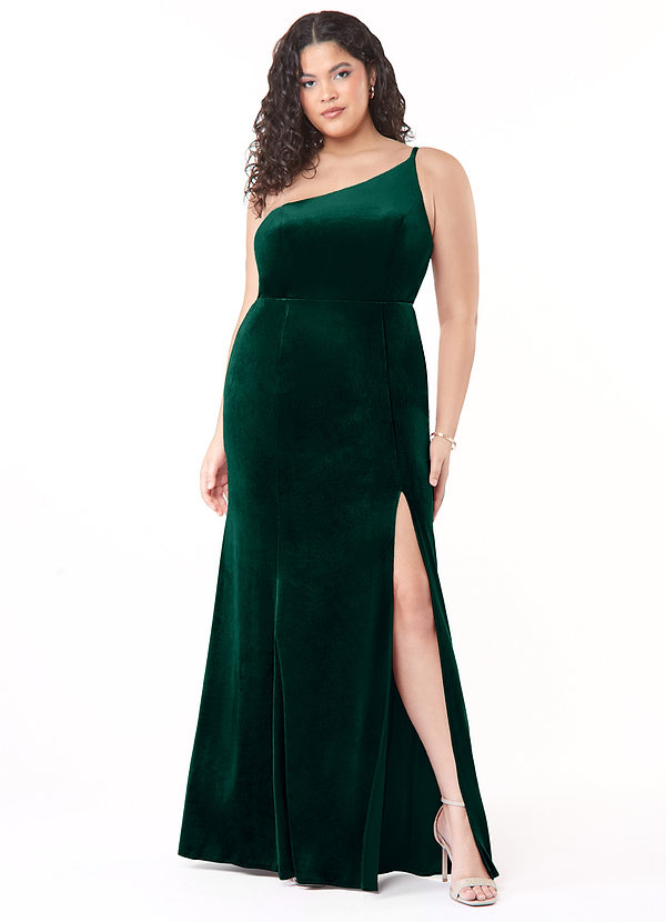 Azazie Kala Bridesmaid Dresses Emerald A-Line One Shoulder Velvet Dress image1