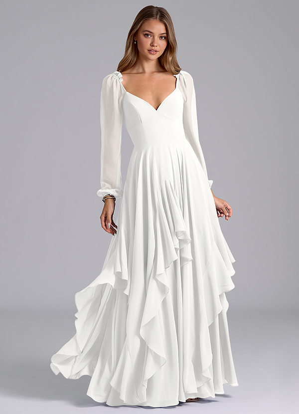Azazie Karan Bridesmaid Dresses White A-Line Long Sleeve Chiffon Dress image1
