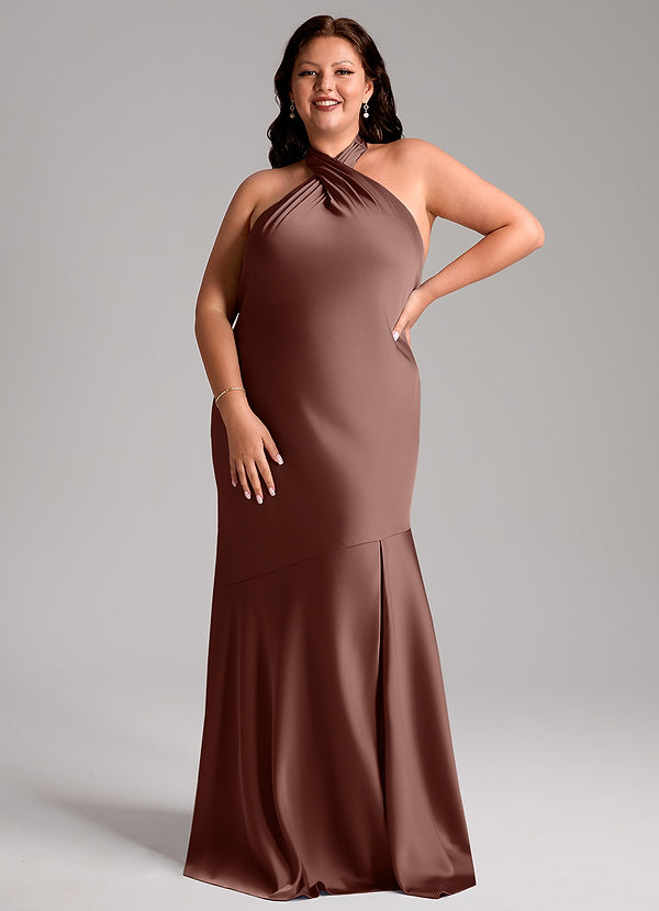 Azazie Lorena Bridesmaid Dresses Espresso Mermaid Pleated Stretch Satin Dress image1