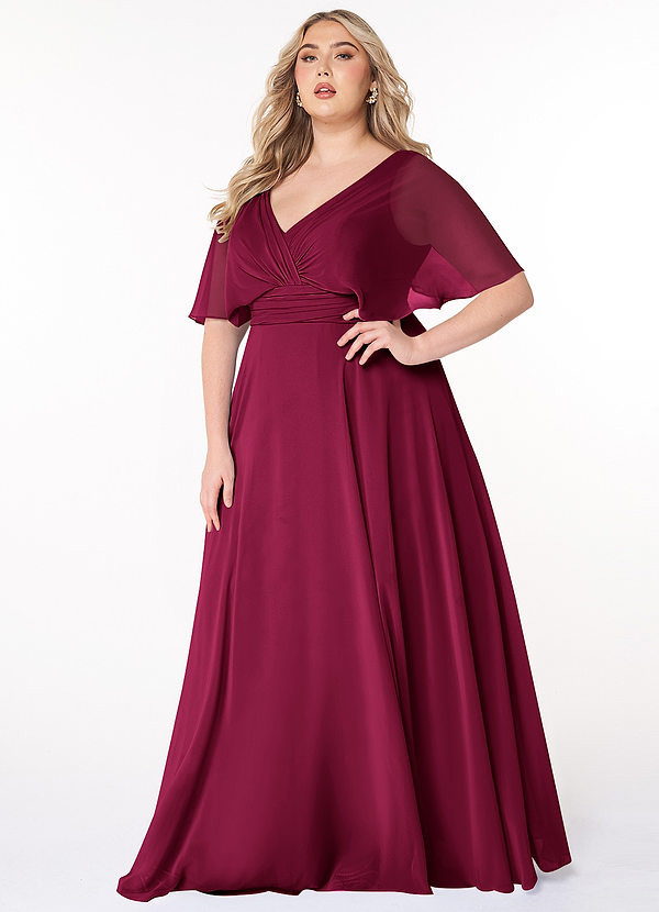 Azazie Pamela Bridesmaid Dresses Burgundy A-Line V-Neck Pleated Chiffon Dress image1