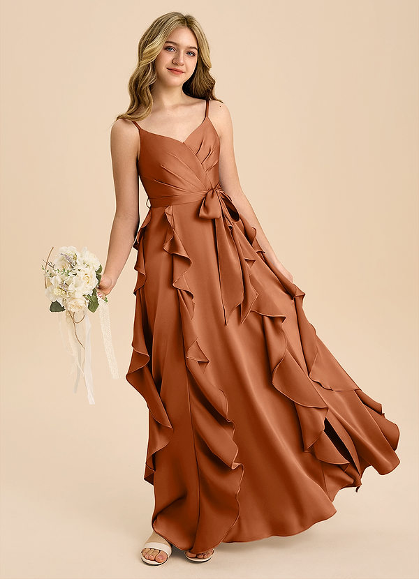 Azazie Peyton Junior Copper A-Line Pleated Stretch Satin Dress image1