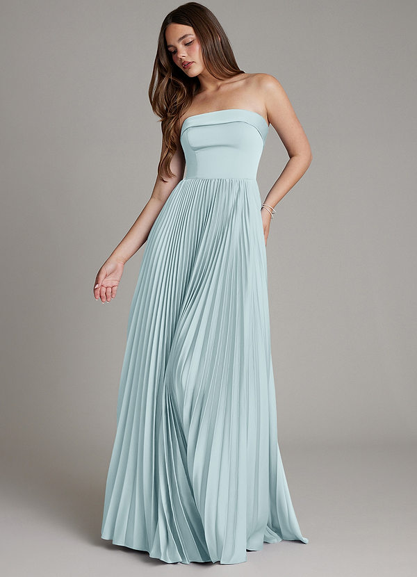 Azazie Mariana 신부 들러리 드레스 A라인 주름진 스트레치 새틴 바닥 길이 드레스 image1