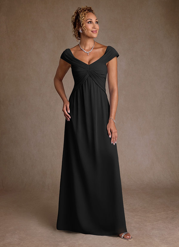 Azazie Myrtle Vestidos de Madre de la Novia Vestido de Negro de Gasa de Corte en A con Plisado image1