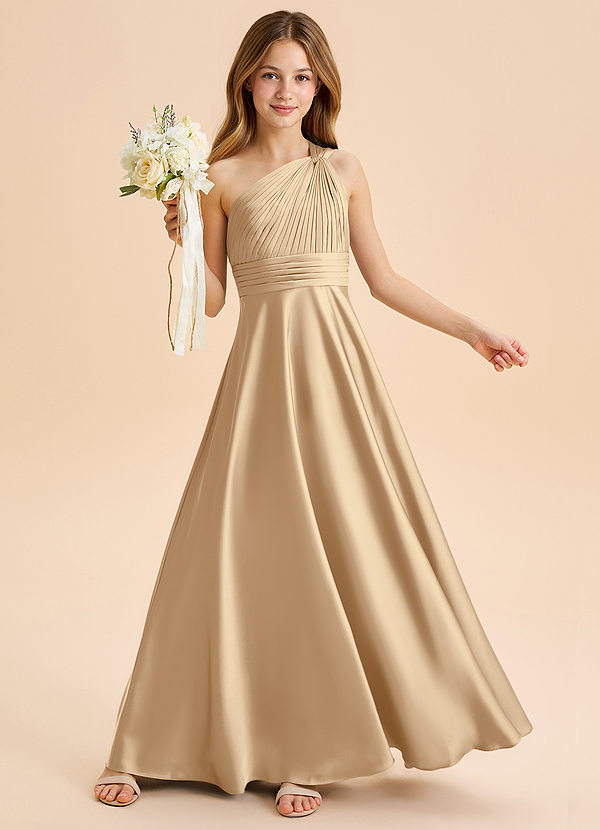 Charlize Junior Champagne A-Line Pleated Stretch Satin Dress image1