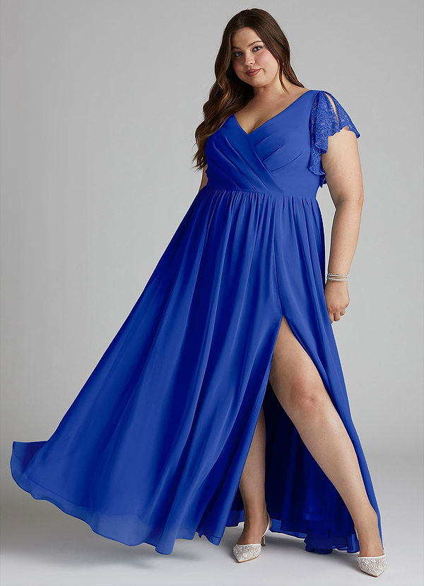 Azazie Zella Robes Demoiselle d'honneur Robe Trapèze en Mousseline de soie Dentelle Bleu Roi image1
