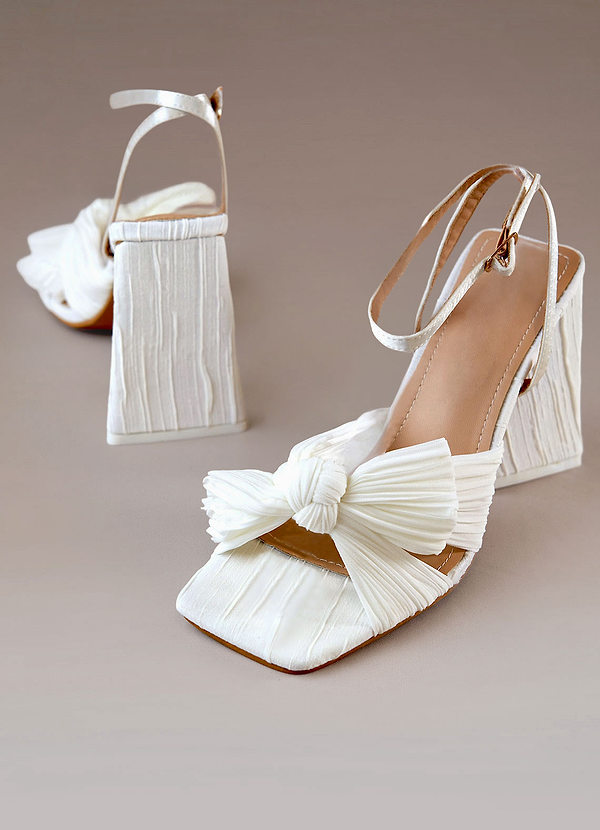 back White Pleated Chiffon Bow Mid-Heel Sandals