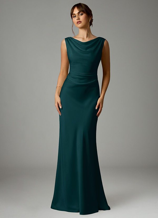 Azazie Kieryn Bridesmaid Dresses Pine Mermaid Pleated Stretch Satin Dress image1