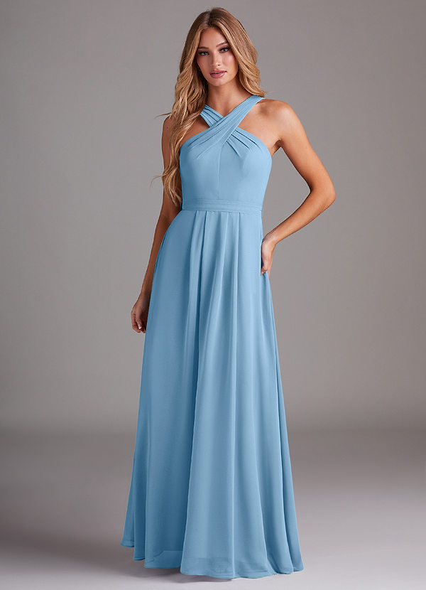 Azazie Dixie Bridesmaid Dresses Steel Blue A-Line Halter Pleated Chiffon Dress image1